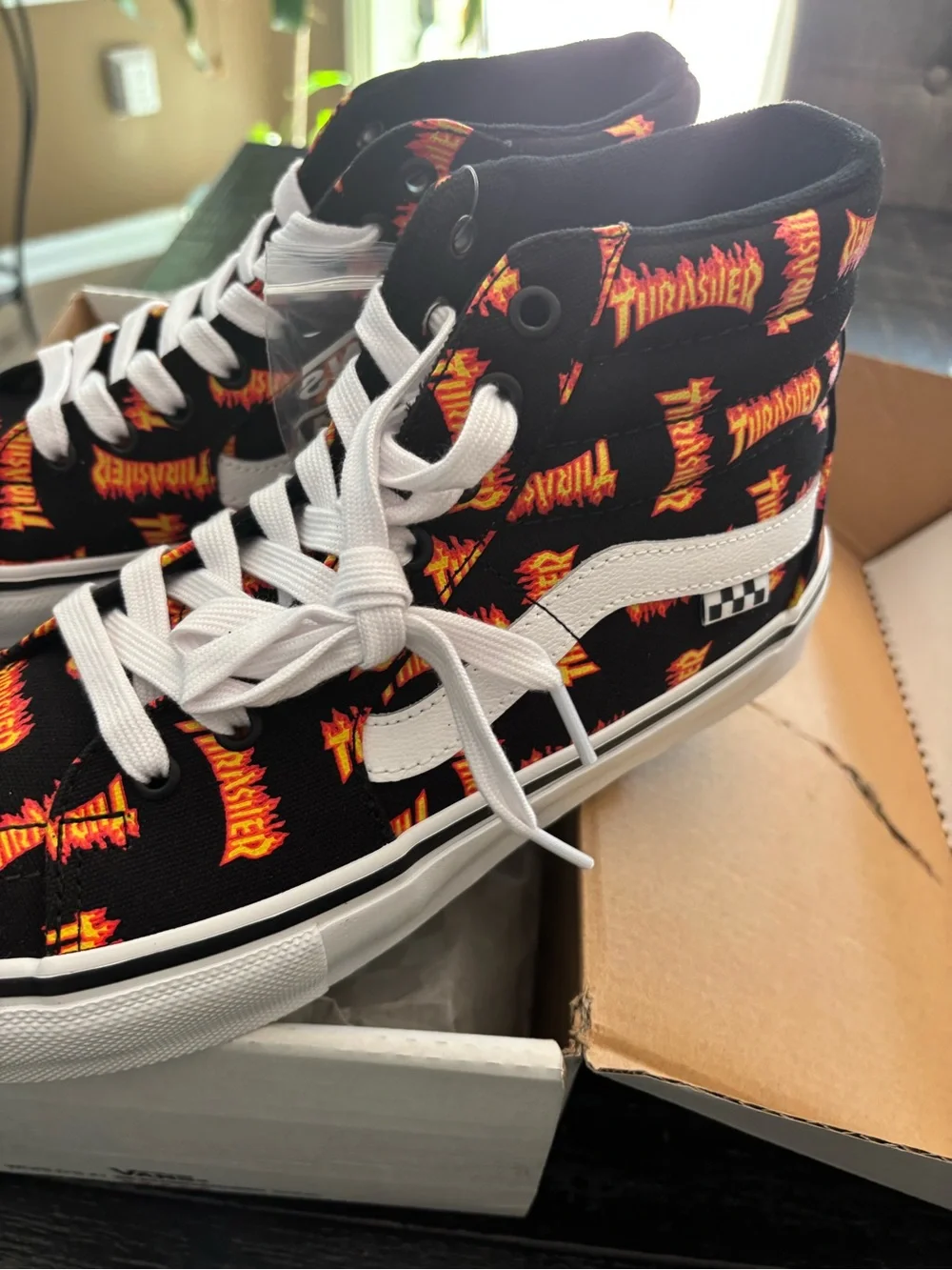 Vans High Top Sneakers with Flame Logo Print - Black, Orange & Yellow